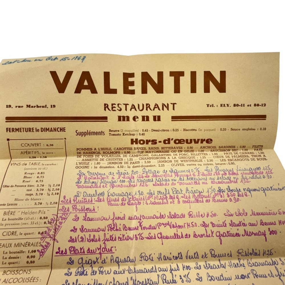 Vintage French Menu Valentin Restaurant 1962 Paris France Rue Marbeuf 1960's - Picture 3 of 6